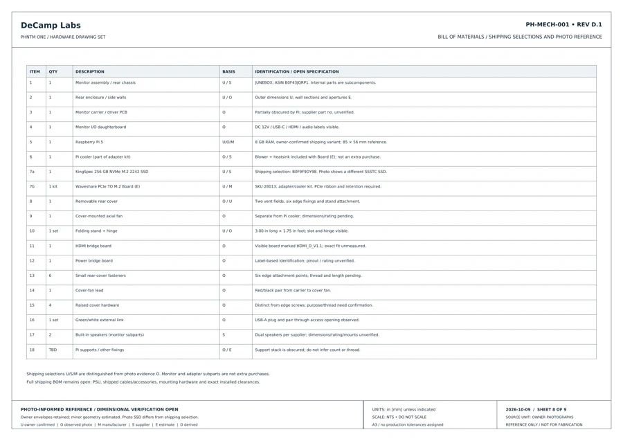 Sheet 8: Bill of materials