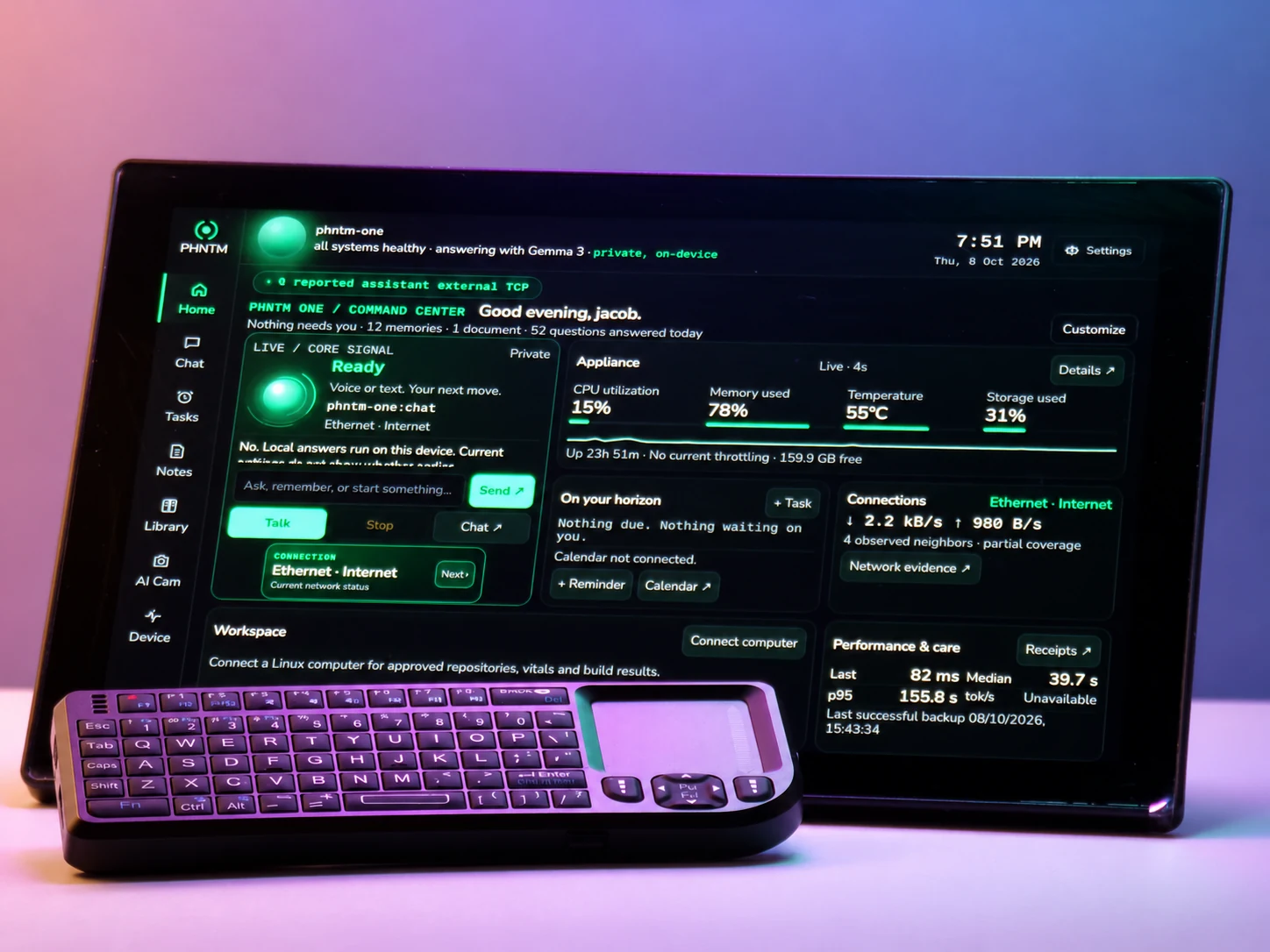 PHNTM One dashboard and compact keyboard in colored light