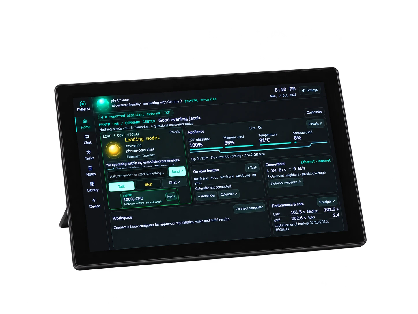 AI-retouched photograph of PHNTM One displaying its Home dashboard, chat controls and device status