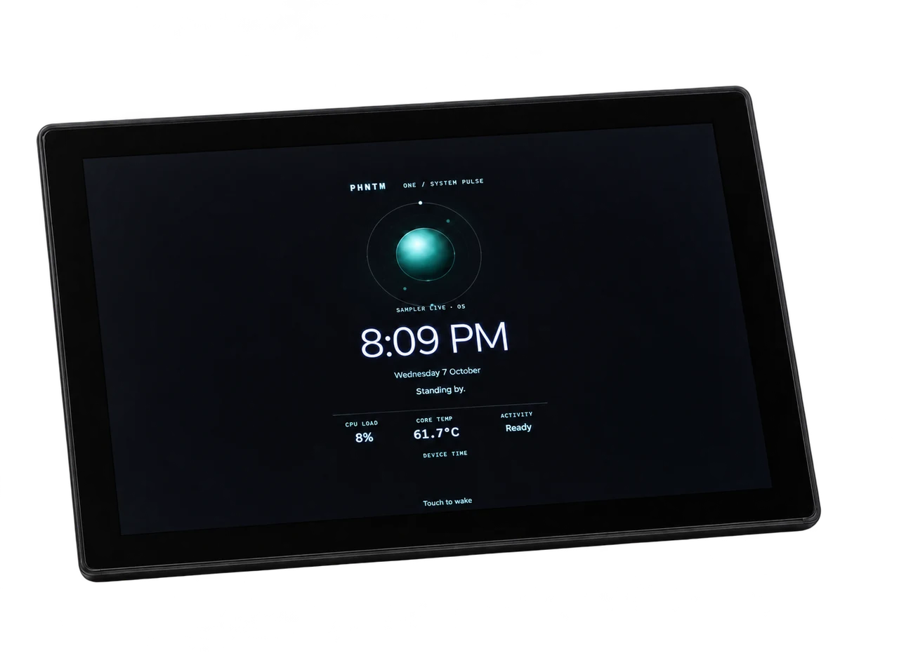 AI-retouched photograph of PHNTM One showing its resting screen, green orb and clock